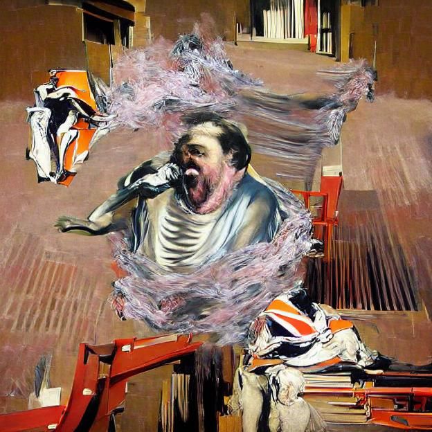 Screaming man disintegrates into dust in the style of Francis Bacon