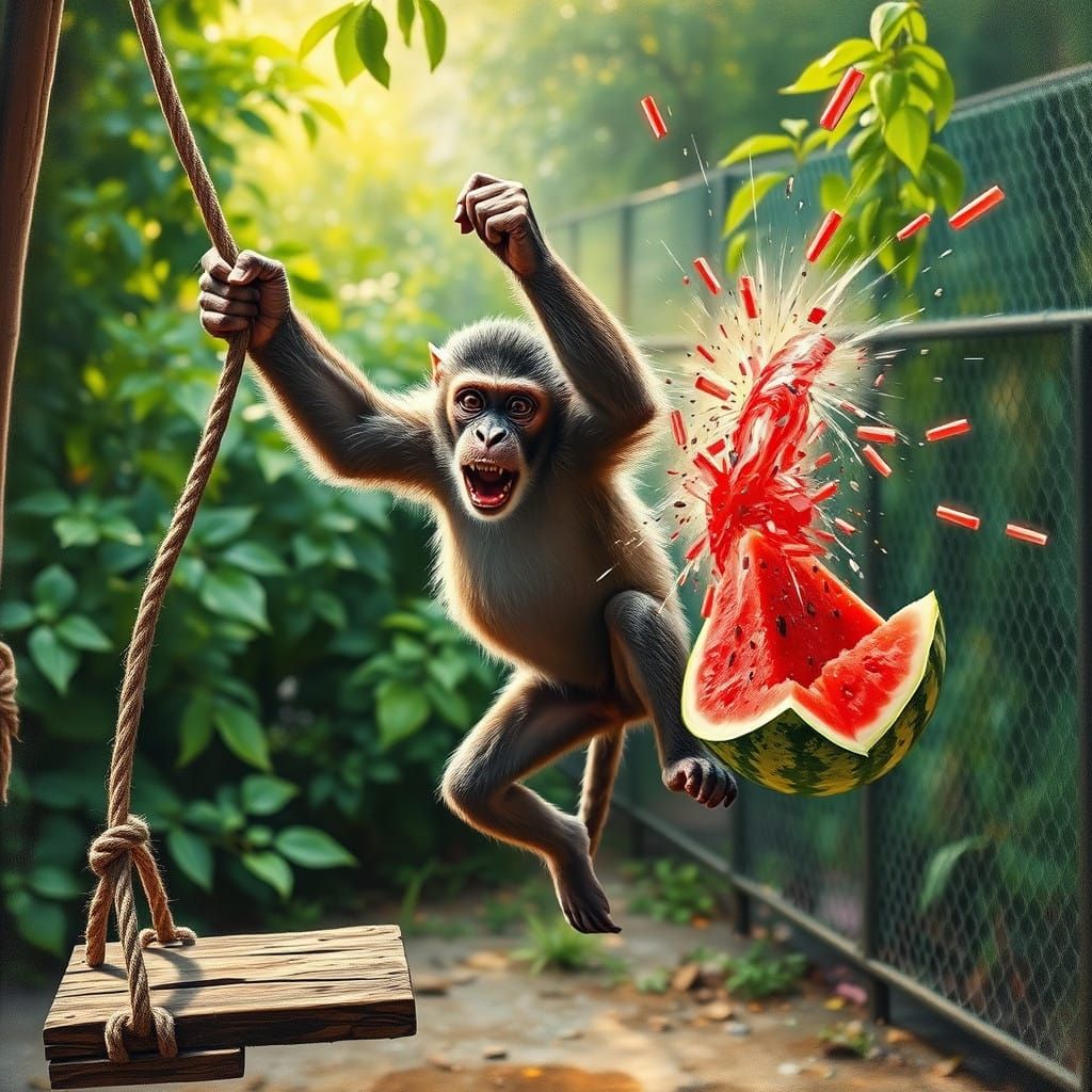 Vibrant Monkey in Mid-Motion Amidst Impressionist Backdrop