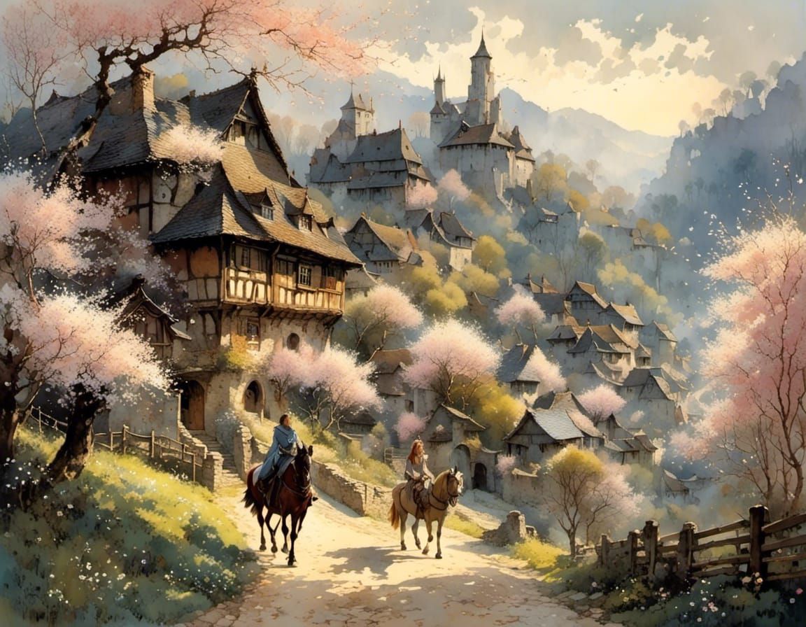 the cute girl in medieval clothing rides on a beautiful hors...