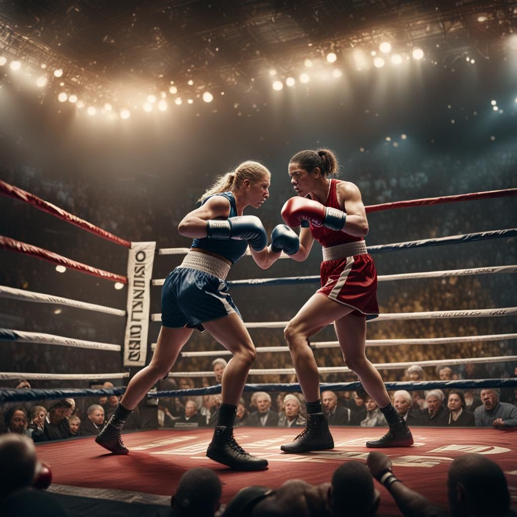 2 women fighting in a boxing ring in a big crowd
