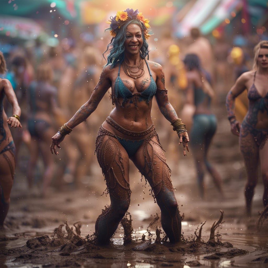 Curvy Festival woman dancing in the mud in micro bikini AI