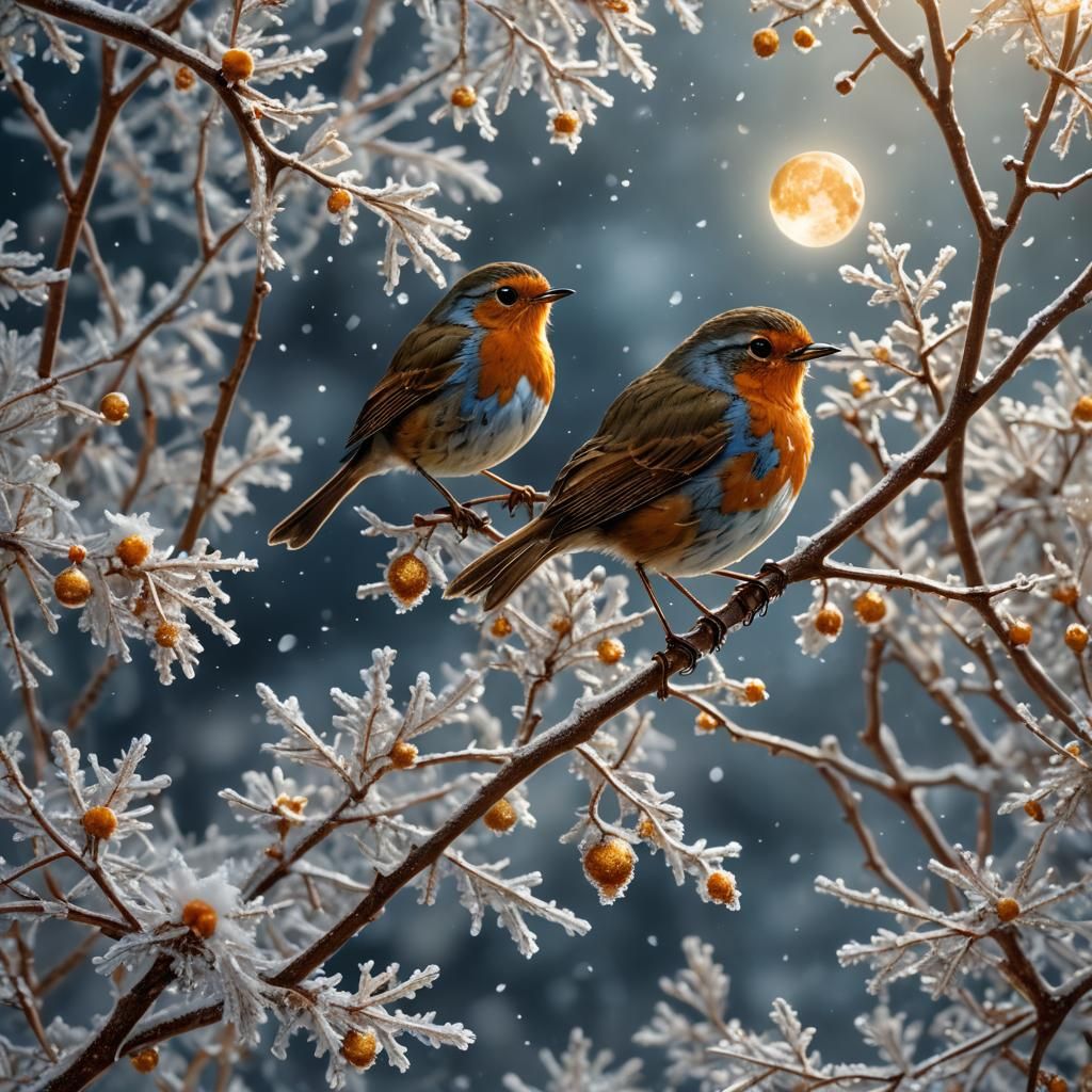 a robin, with her snowbabies it is snowing ice crystals, hyper realistic photo,, golden glitter, magnificent,, ...  by @Freedomlass