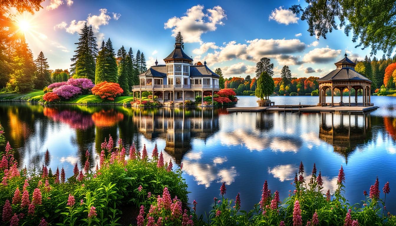 A massive mansion on a lake with trees and flowers near a wooden gazebo, HDR, beautifully shot, hyperrealistic, sharp focus, 64 megapixels,...