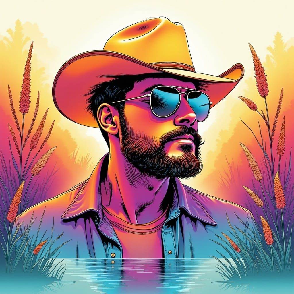 <lora:sMOkey Flux:1.0> A misty hazy nebulous line art style, a smoky quality infused throughout the image, a man in a cowboy hat and sunglas...