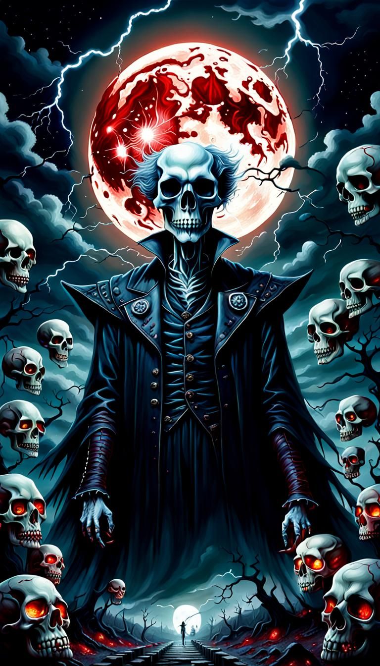 Tim burton horror caracter skulls blood moon lightning detai...