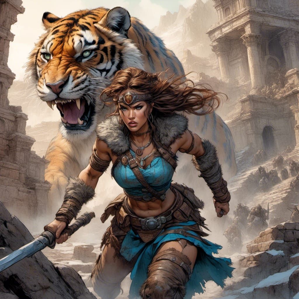 <lora:Swords-n-Sorcery:1.0> Closeup of: In a post-apocalyptic world, a lone barbarian woman rides her trusty saber tooth tiger through the r...