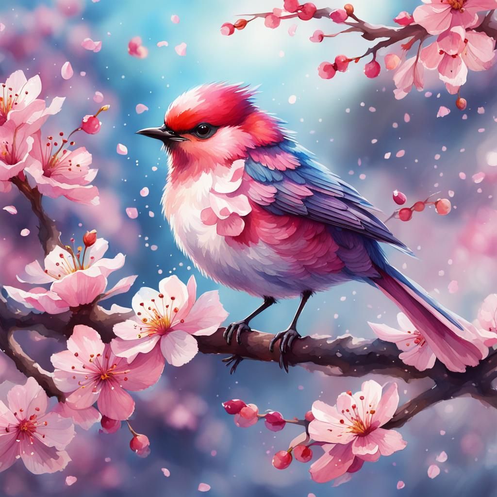 A watercolor painting of an adorable cherry blossom bird   by @Canonlian