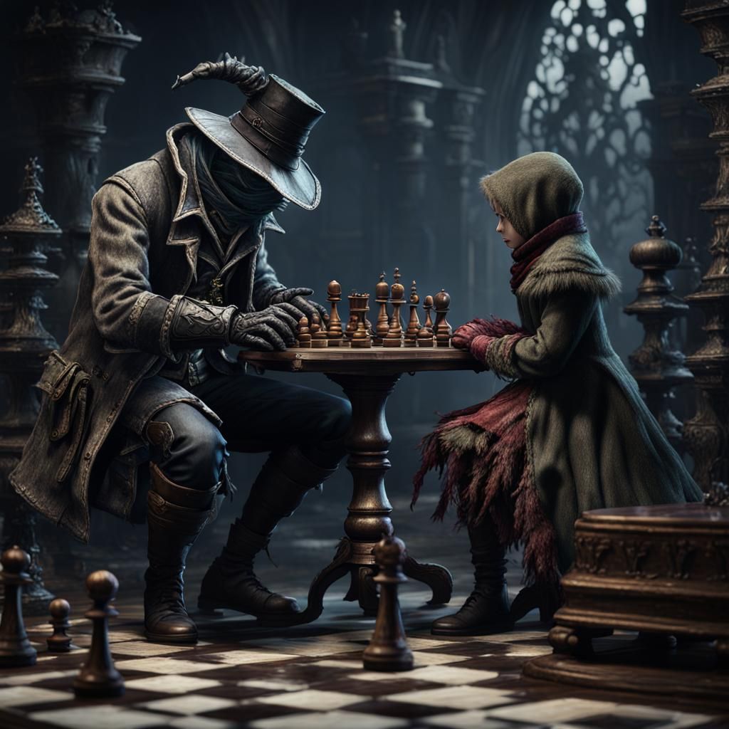 bloodborne hunter playing chess with the bloodborne plain do...