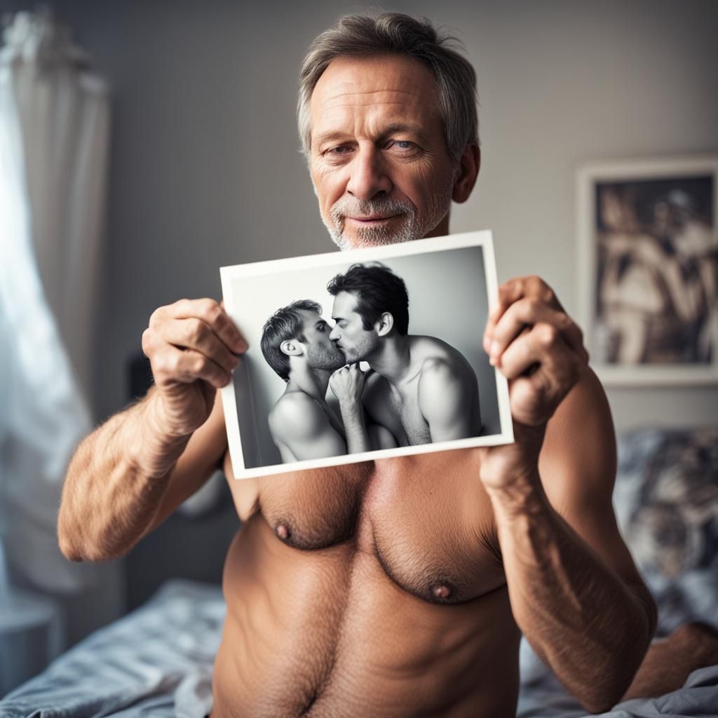 Picture of a 50 year old man, shirtless in his room, (The man is holding a  polaroid style photo of him kissing his boyfriend). Photo realist... - AI  Generated Artwork - NightCafe Creator