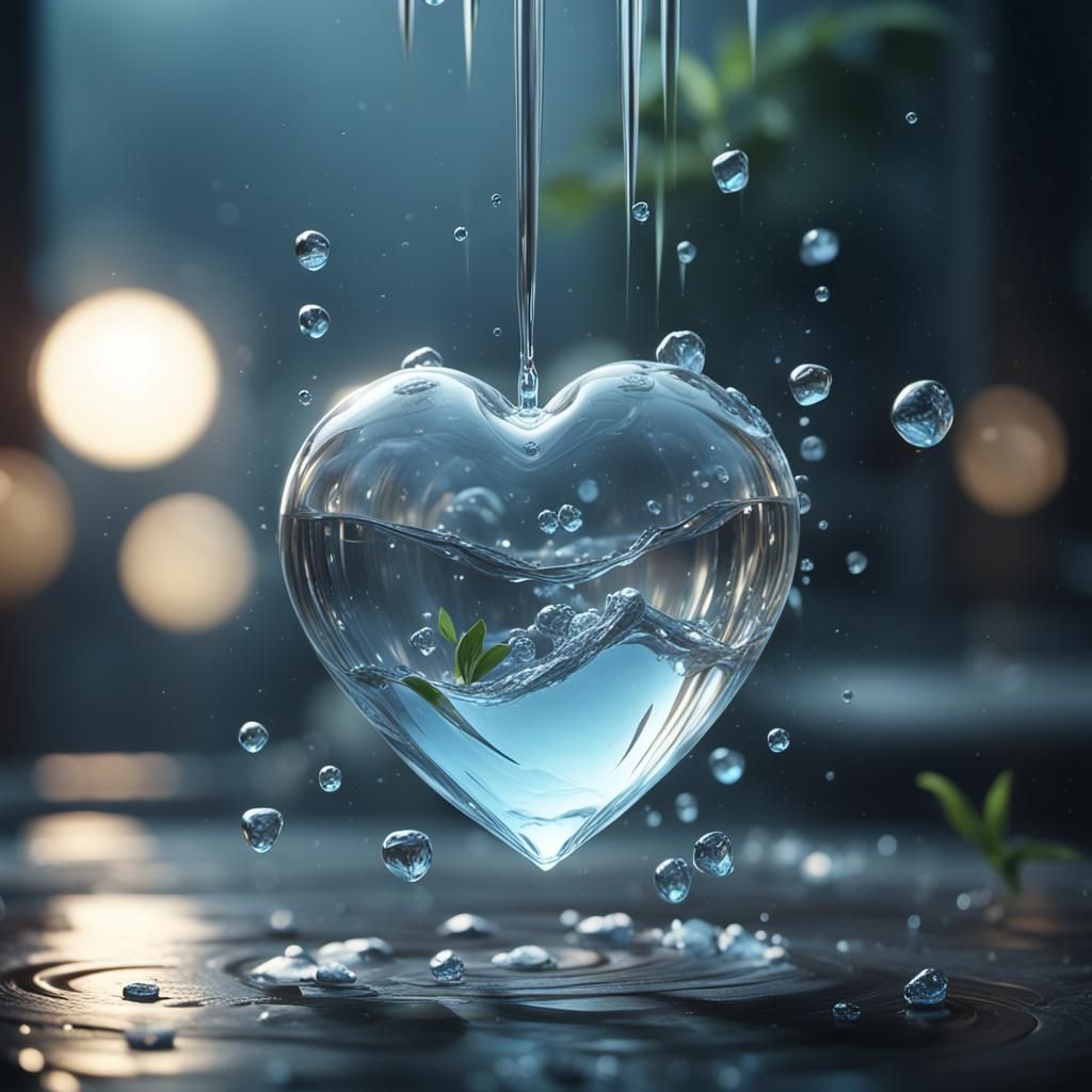 Glass heart, closed in a drop of water, realistic representation  by @Sailenty