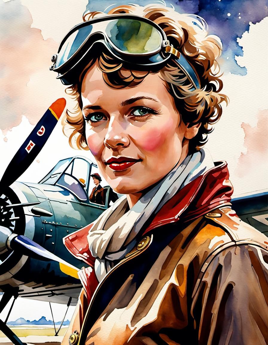 Amelia Earhart in front of her plane, in watercolor  by @Lord Falcon