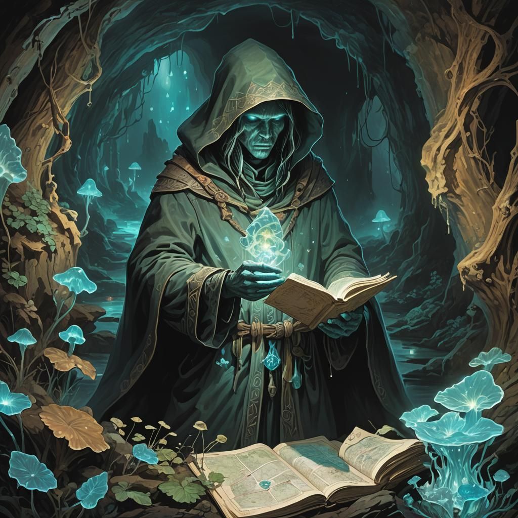 In the depths of a cavern, bioluminescent fungi cast an ethe...
