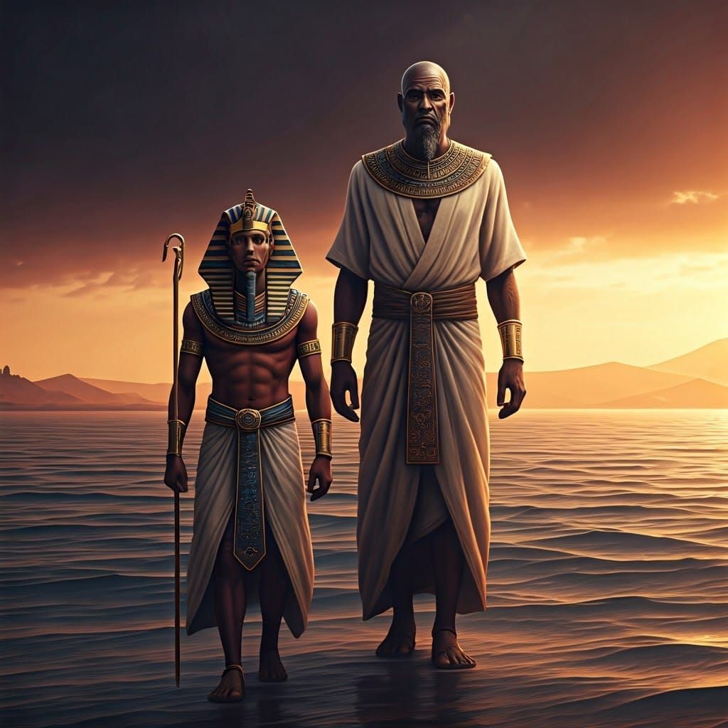 Egyptian Pharaoh Confronts Towering Figure in Dreamlike Land...