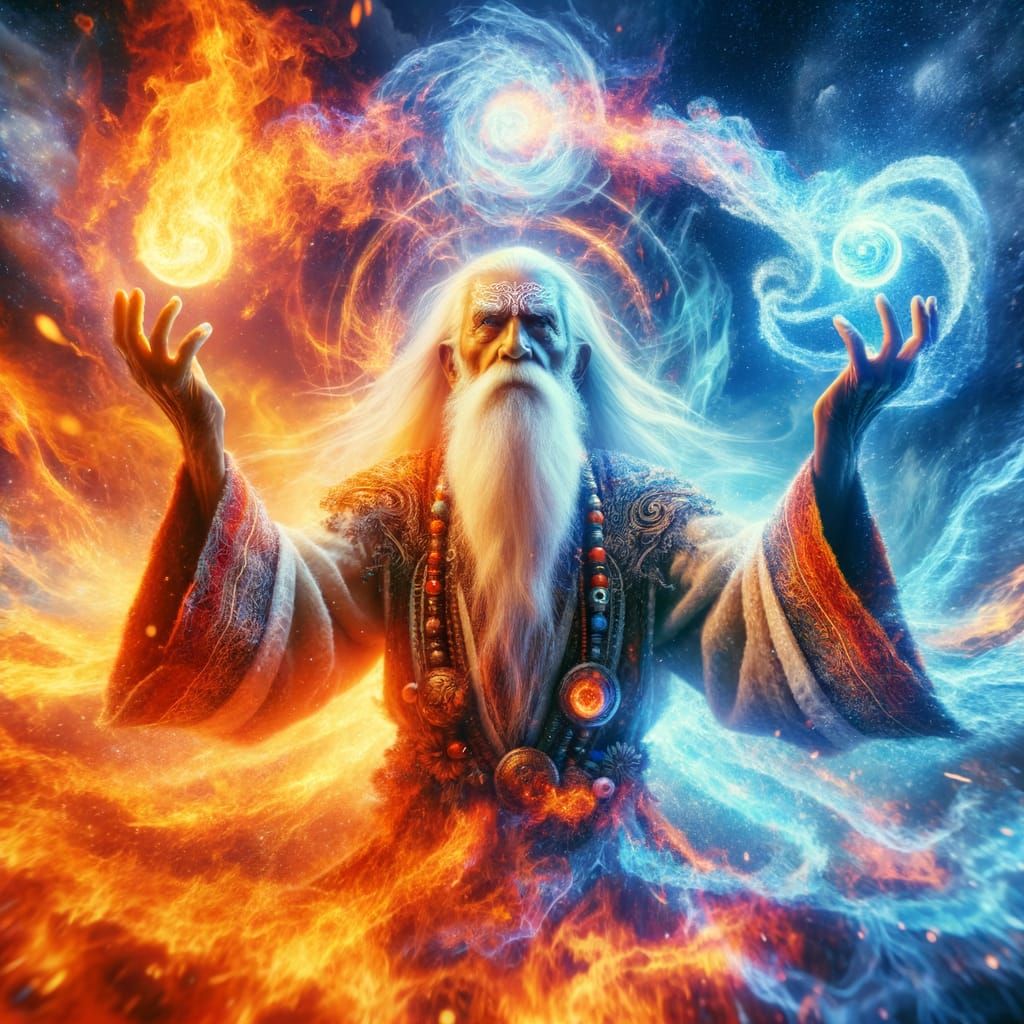 An old sage, master of the elements manipulating fire with one hand and ice with the other, bringing ...  by @Darking Duck