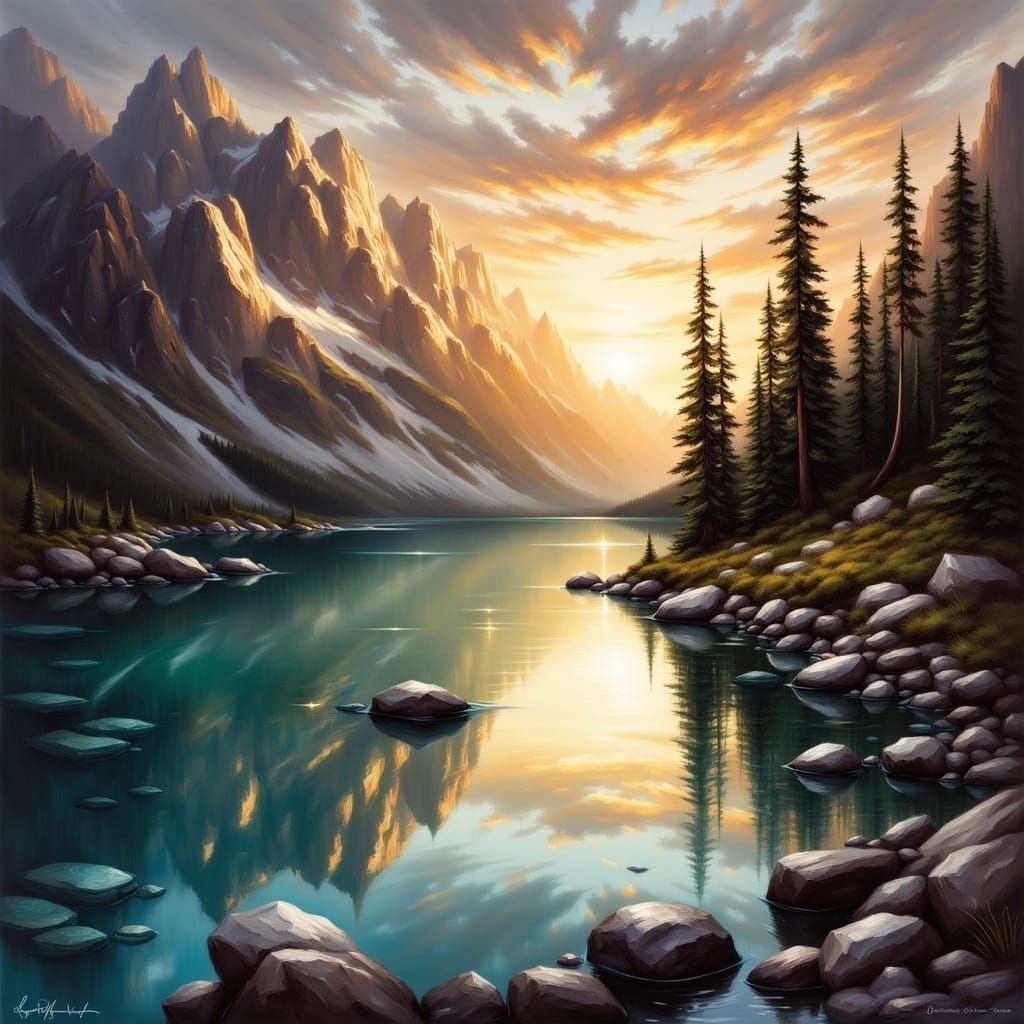 <lora:The Swanland Flux:1.0> An incredible sunset over a tranquil crystalline alpine lake, by Raymond Swanland