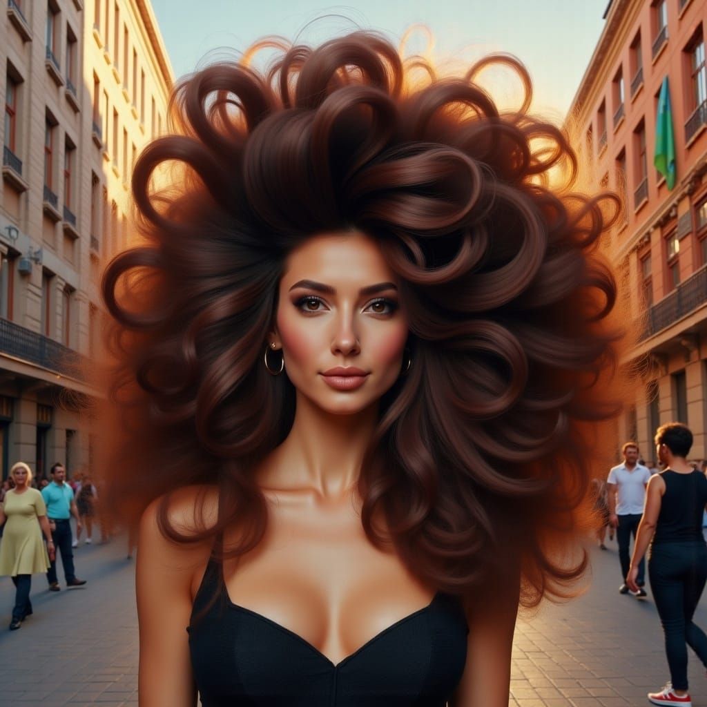  <lora:Big Flux Hair:1.0> oil painting, brunette lady with comically large hair, city background, dynamic lighting 