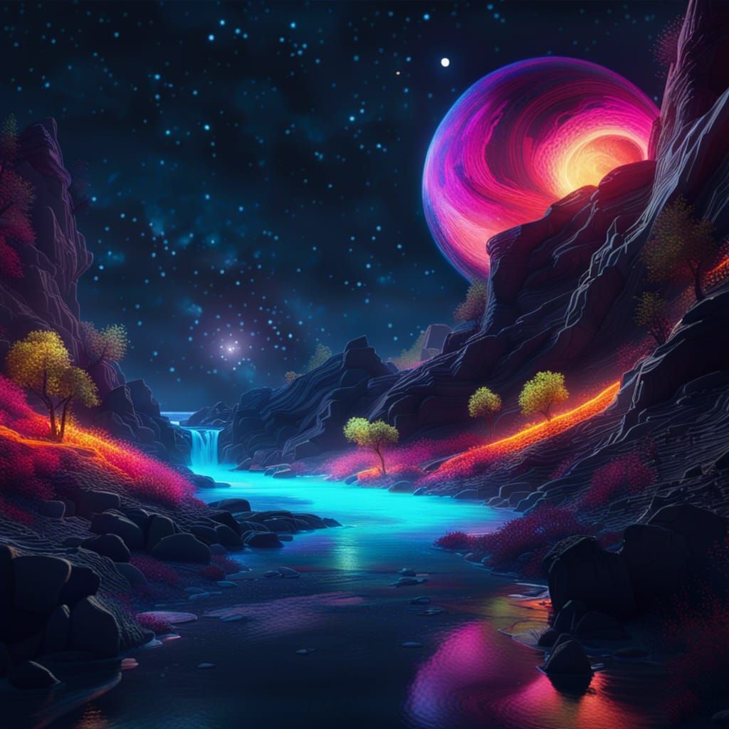 (a nighttime view of a colorful, glowing stream on an alien planet) {glowing, magical, smooth and dreamy, realistic surr...