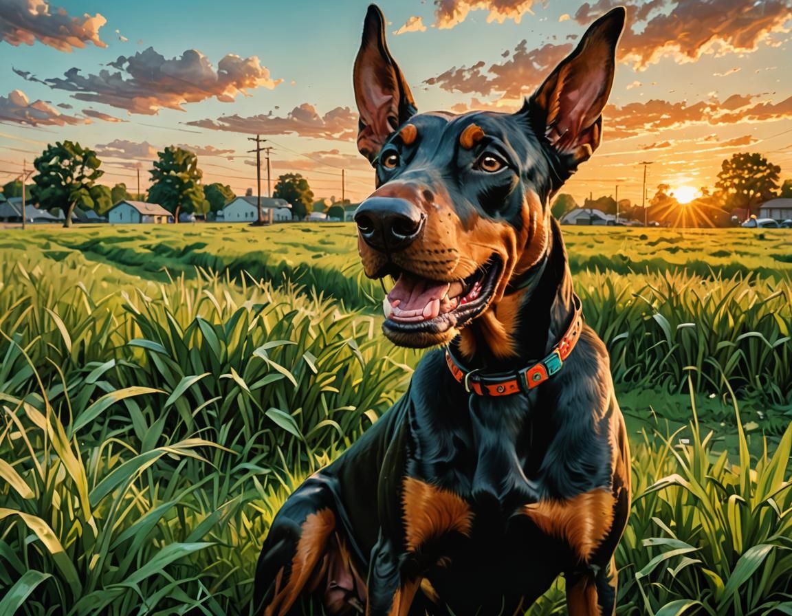 goofy Doberman dog, at sunset, outdoors