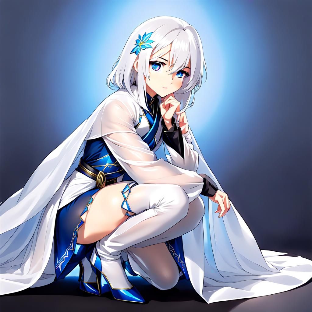 A Beautiful Woman With White Hair And Blue Crouched Down Wea...