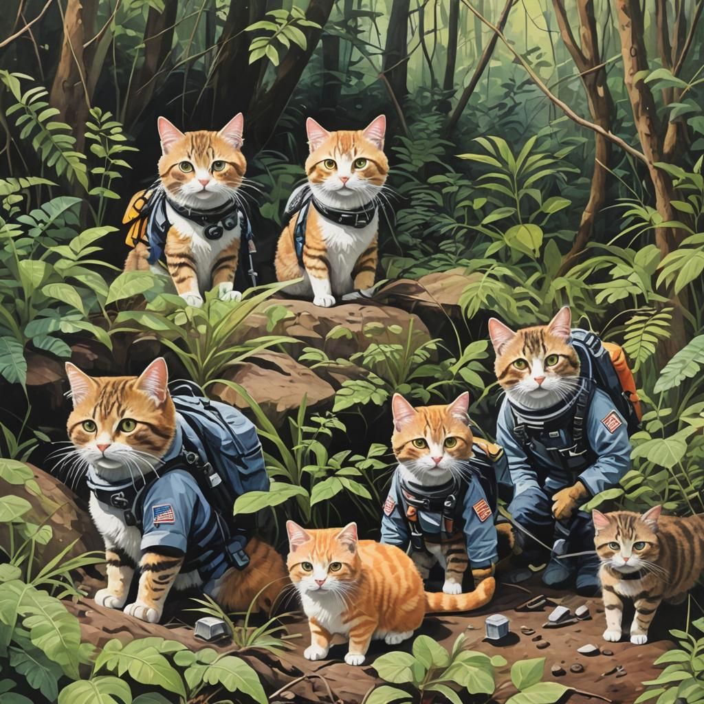 Cats in survival gear exploring their environment.