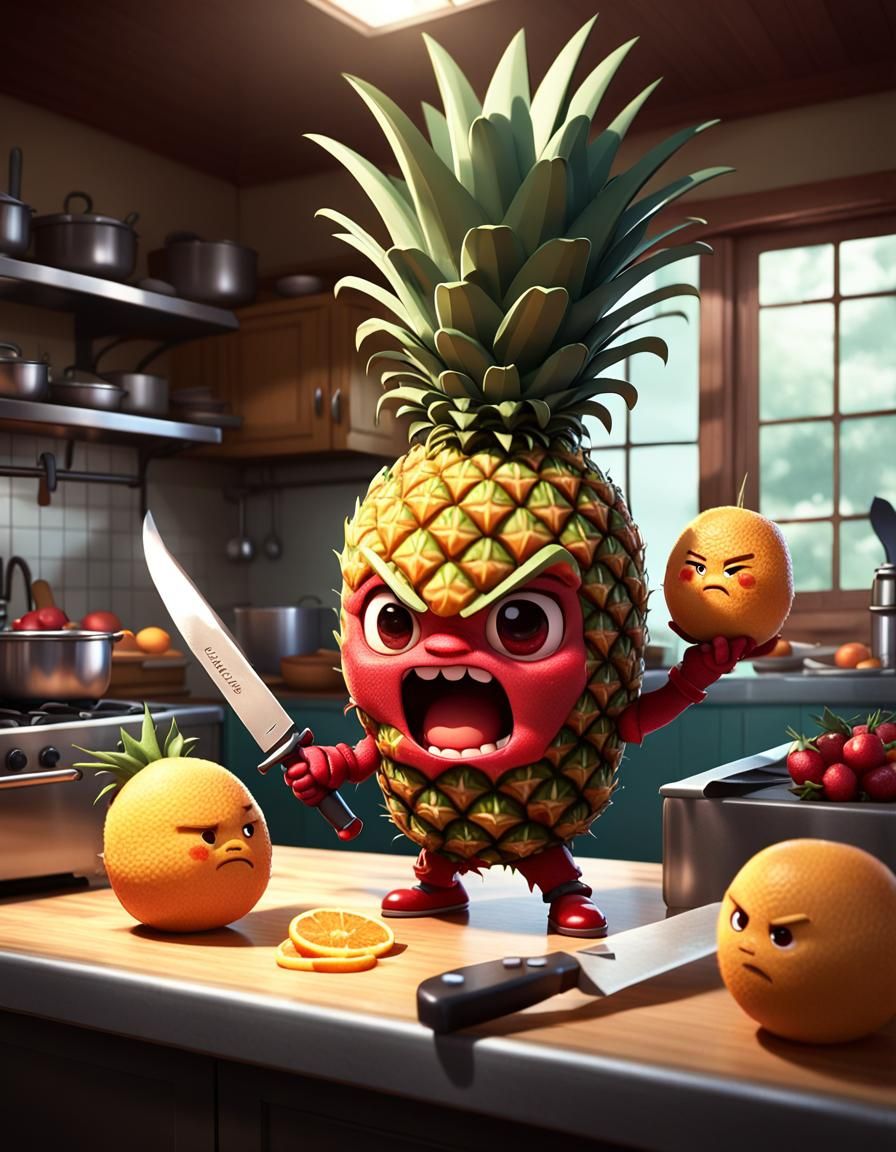 Pineapple: "If you don't come eat me...I'll cut this orange into pieces!!"
  by @Angpao_fishball