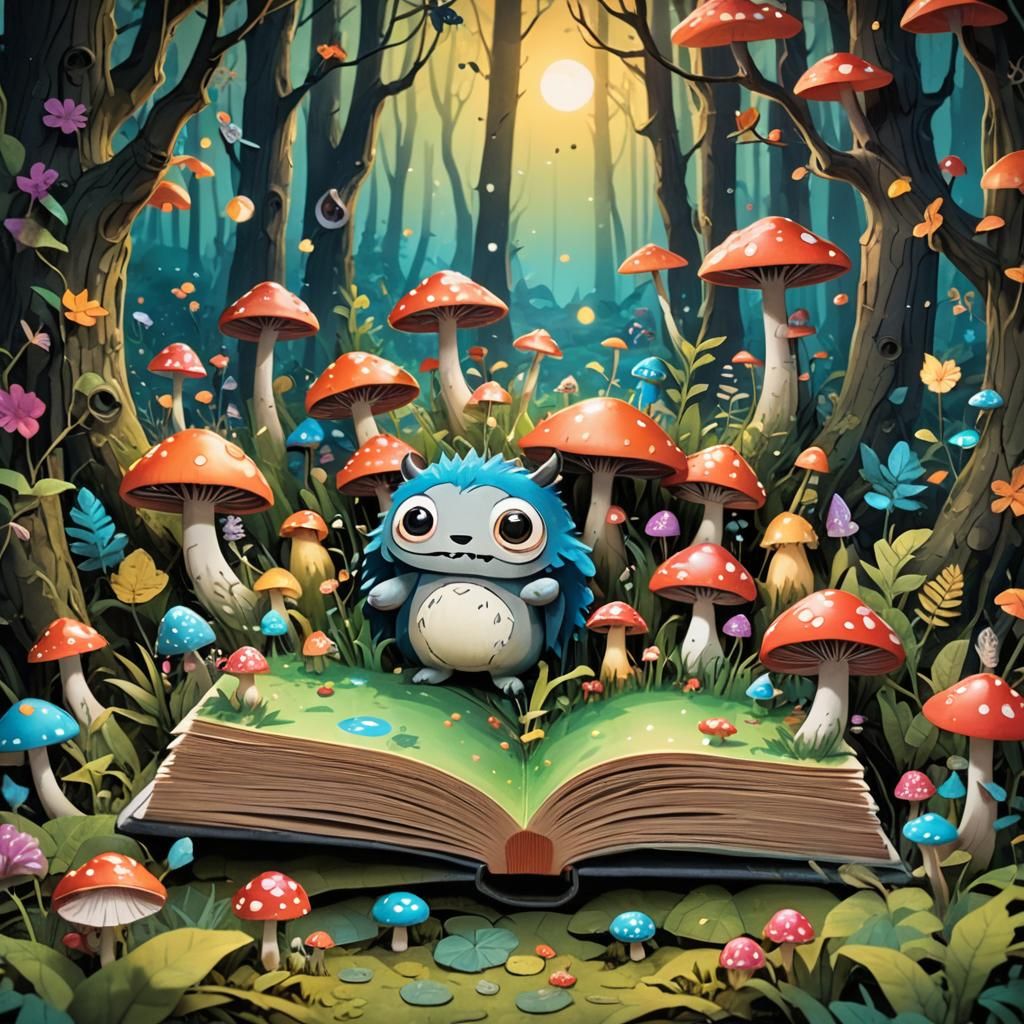 A whimsical and colorful open pop-up book with kawaii monste...