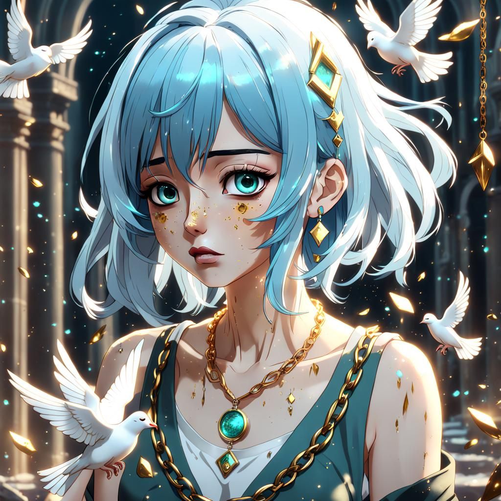 a anime girl with light baby blue hair and lots of freckles ...