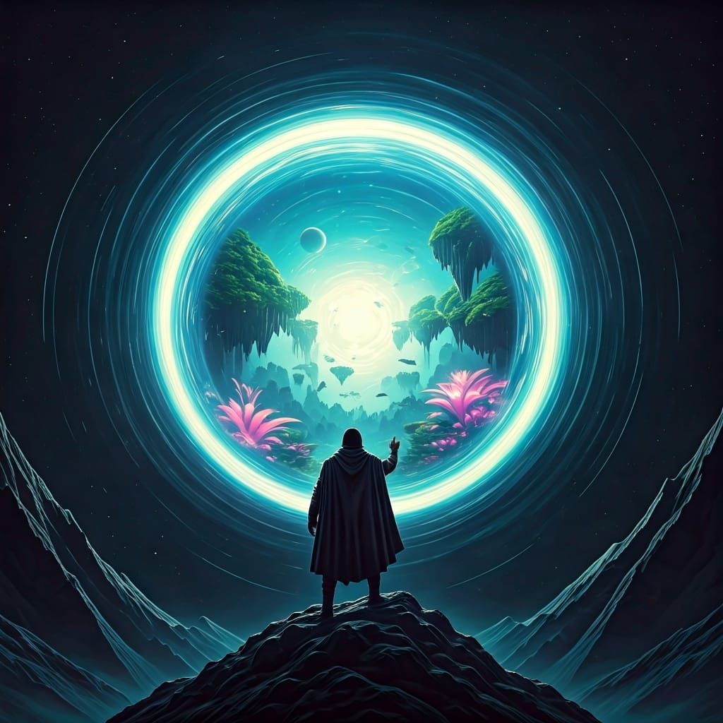 "The Border of Worlds"

Scene Description:

A lonely man in a dark cloak stands on top of a high mountain, his back to the viewer. In front ...