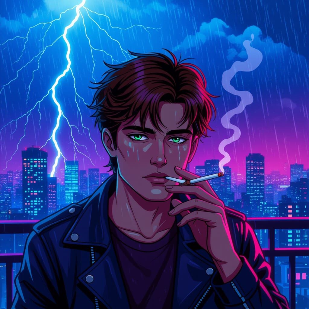 Cyberpunk Neon Art: Man Smoking in Thunderstorm