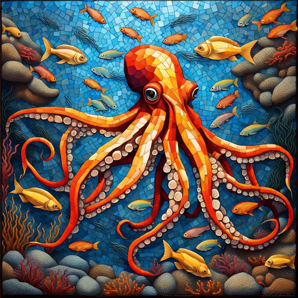 Giant Squid surrounded by colorful fish