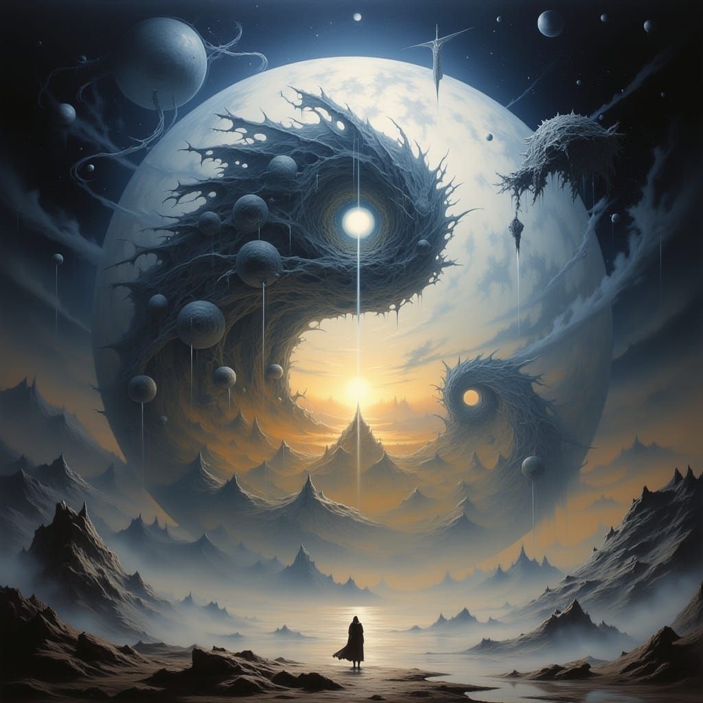 <lora:LapiDark classic:1.0> Surrealist yin yang cosmos quantum serendipity by Brian Kesinger, Jean Baptiste Monge, Ruan Jia, Ismail Inceoglu...