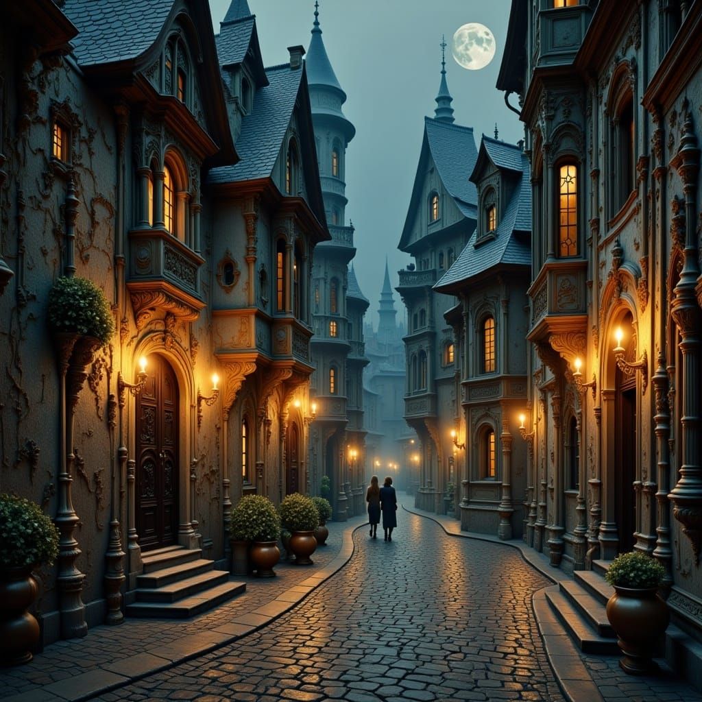 <lora:Ornamented:1.0>scene of a midnight old village with old houses and soft lights but deeply ornamented. 