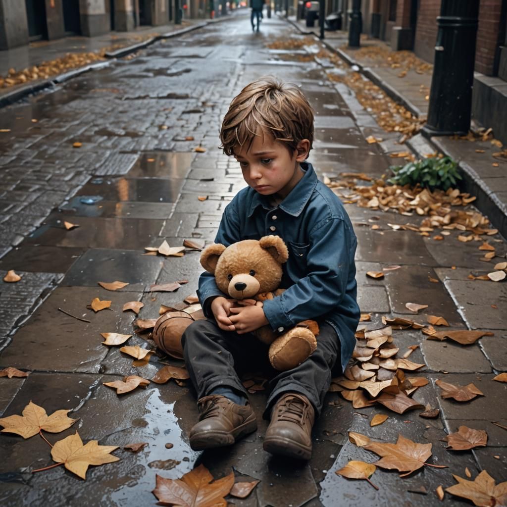 Boy and Teddy Bear on Deserted Street