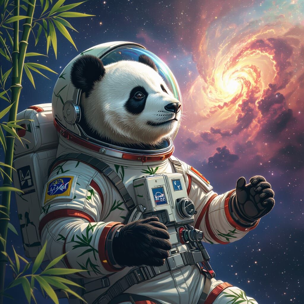A giant panda astronaut floating weightlessly through the cosmos, clad in a spacesuit adorned with bamboo leaf patterns, gazing in awe at a ...