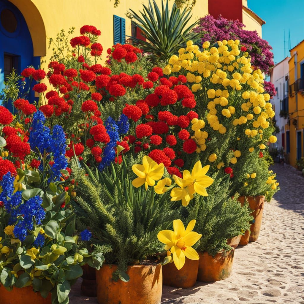 várias plantas e flores exuberantes e cores radiantes amarela, vermelha, verde e azul  sob o mar com águas transparentes do mar mediterrâneo...
