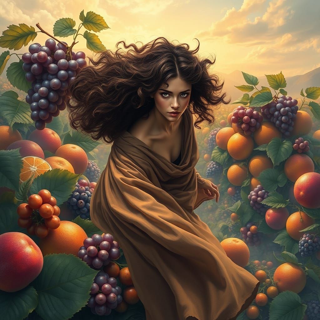 Majestic Woman in Surreal Landscape with Vibrant Fruits