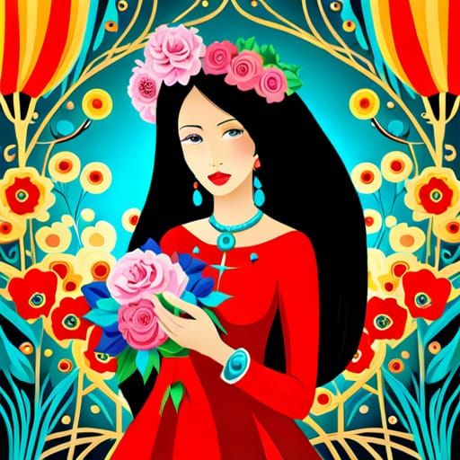 girl with birds, flowers, fairytale, magic realism, mysterio...