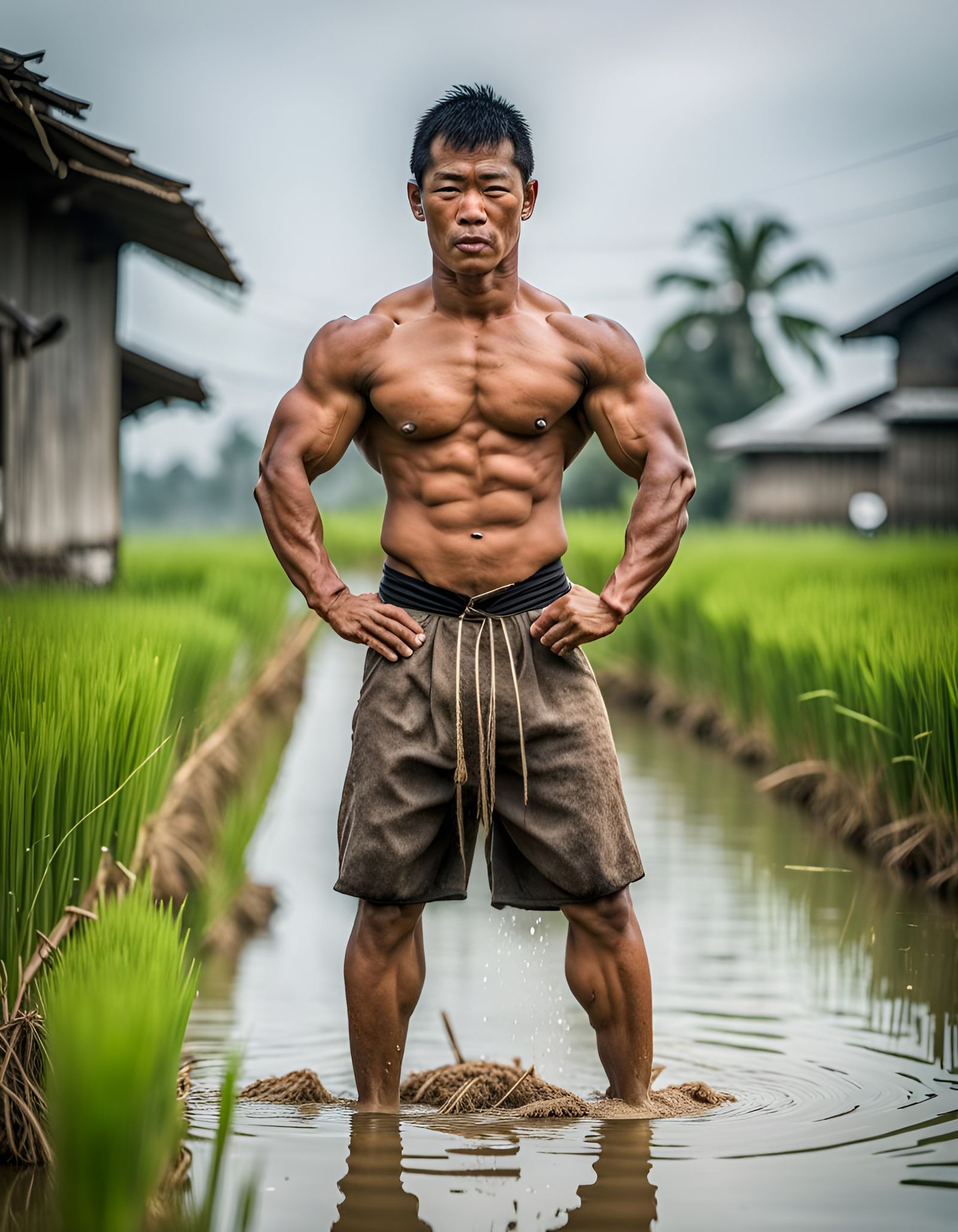 Beautiful Ancient Asian bodybuilder shorts harvest rice, standing in water, Professional