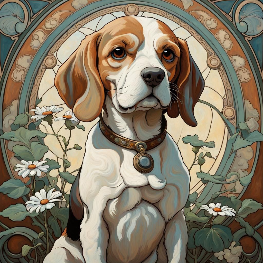 Snoopy in Alphonse Mucha style. Charles Schultz style. oil painting. beagle dog  by @KansAI