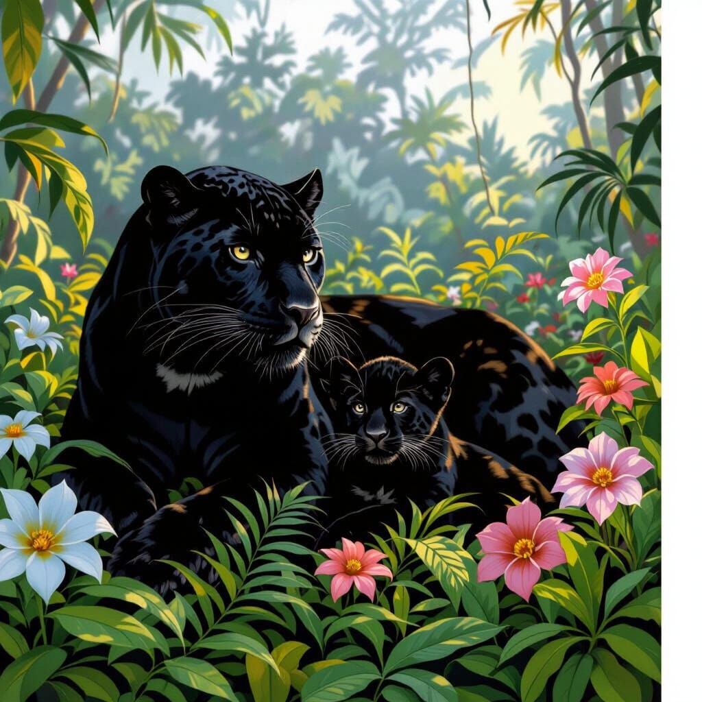 Black Jaguar and Cub. Make it look more like a realistic painting and format to fit 20 X 16 inch canvas