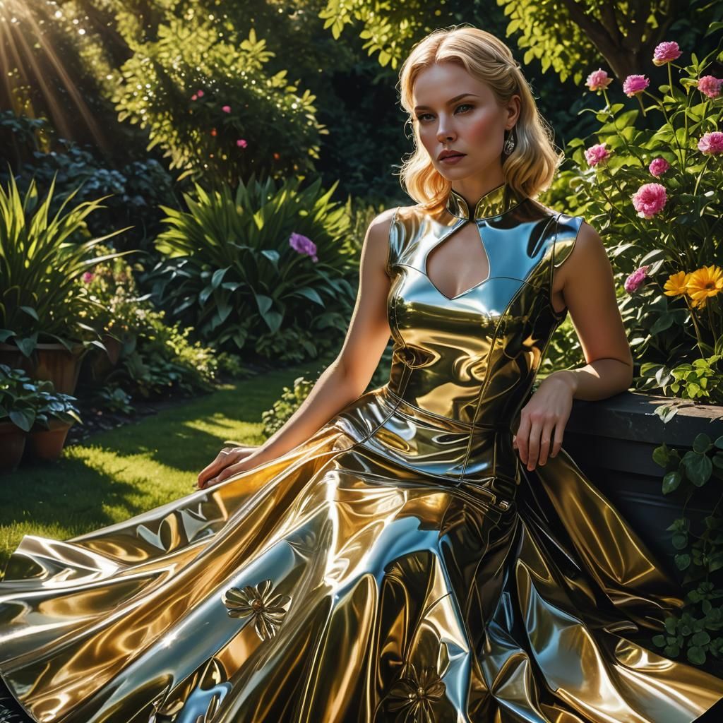 blonde 30 year old wife ponytail pvc latex dress wide skirt sitting ponytail garden 