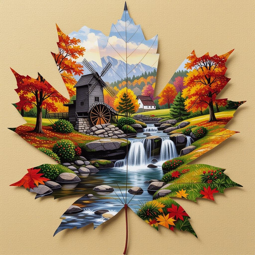 magical autumn landscape depicted in double exposure on a maple leaf, with a water mill and a stream with a waterfall, impressionistic penci...