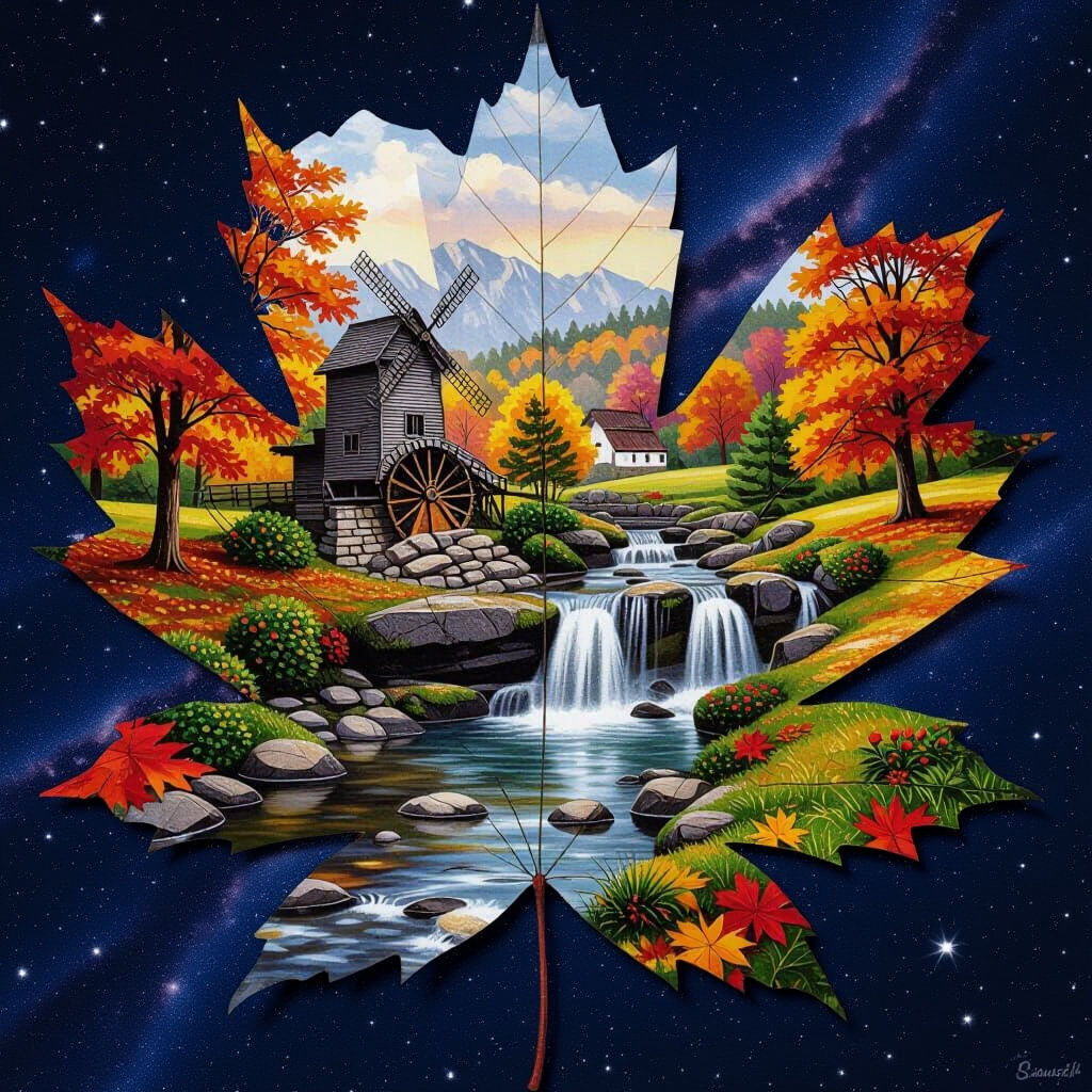 magical autumn landscape depicted in double exposure on a maple leaf, with a water mill and a stream ...  by @Golem
