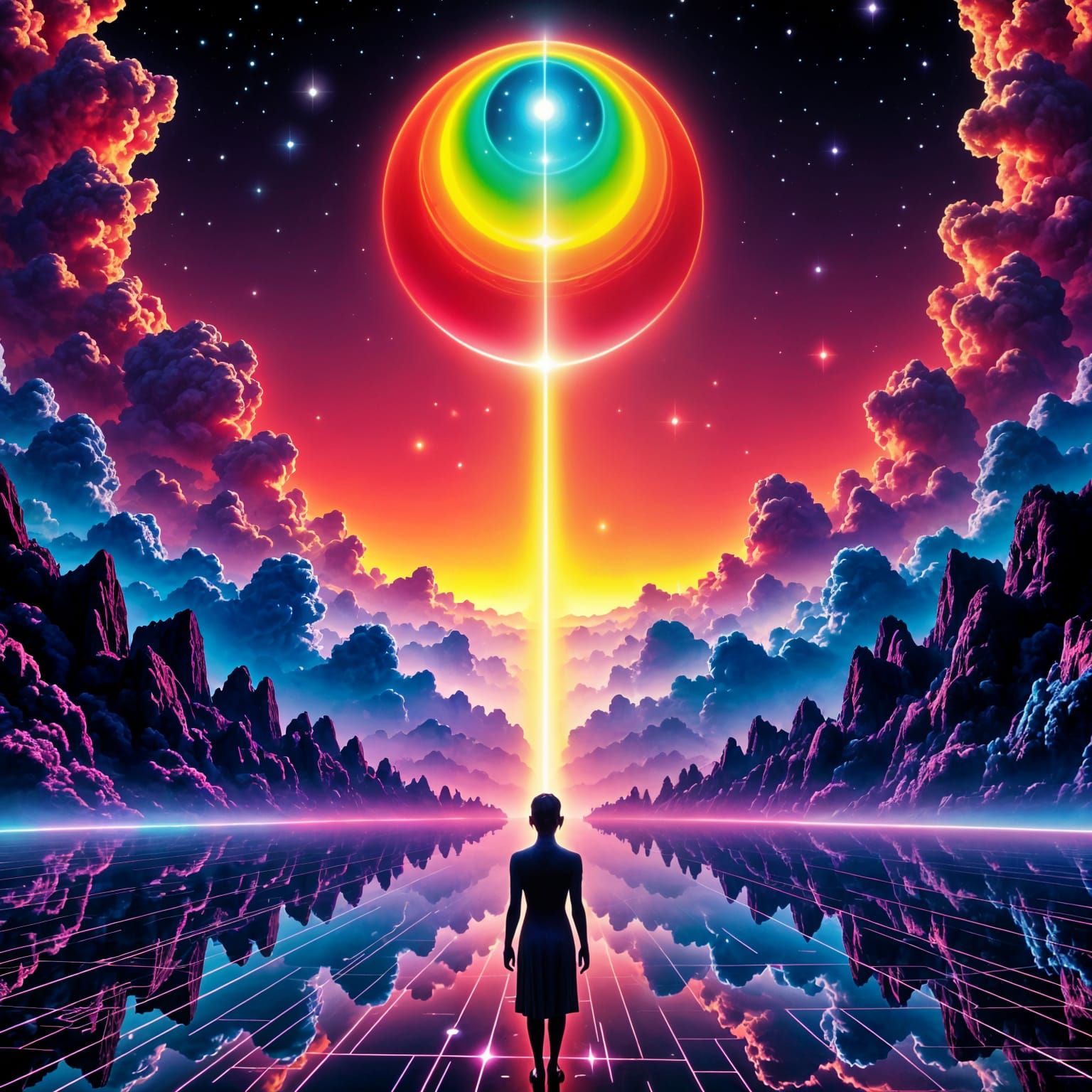 Spectrum Cosmic Serenade: Oldschool Techno Sound Trance Psychedelic Ecstasy Artwork: Futuristic city in the sky. Tile sun, glitch art ethere...