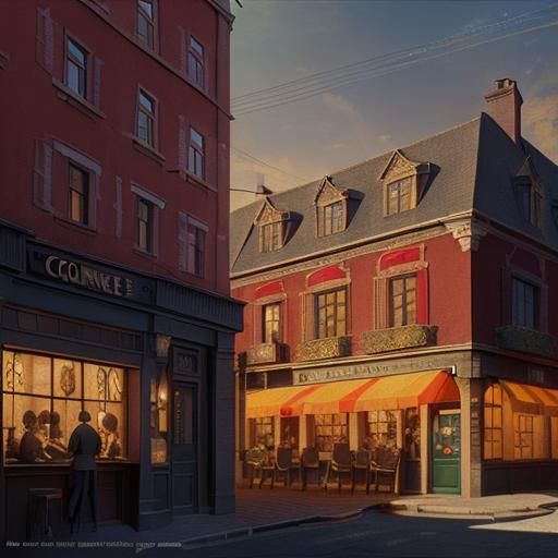 The Corner Pub,  volumetric lighting Wes Anderson color corr...