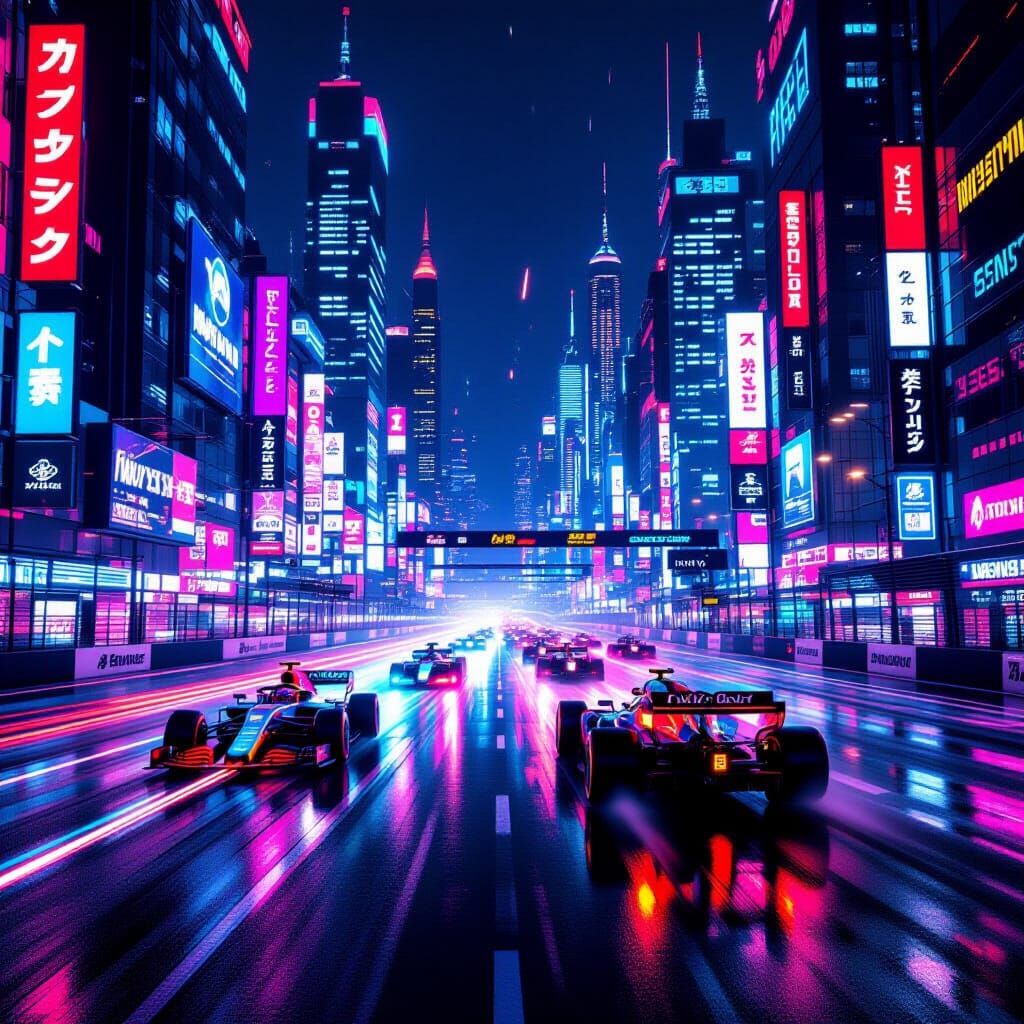 Neon F1 Race in Futuristic Cityscape