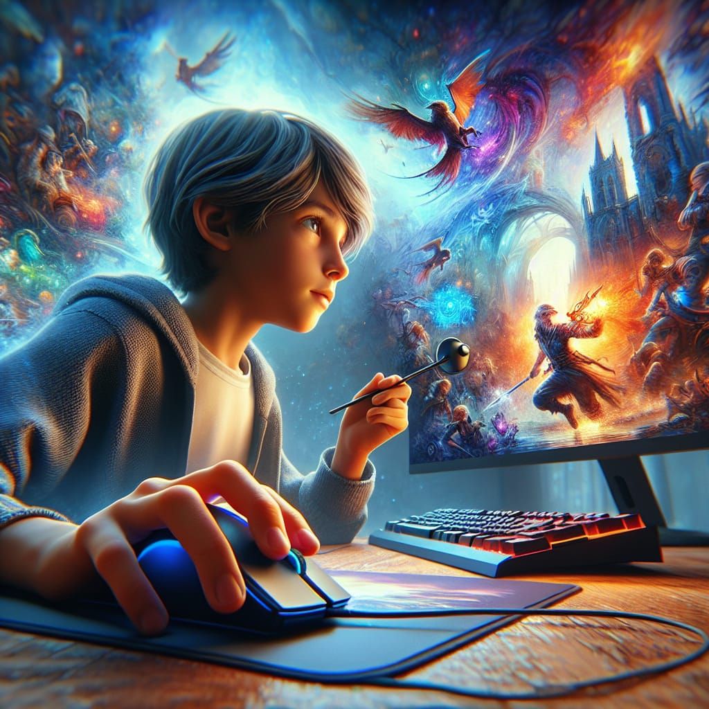 A boy playing game on computer and holding mouse in his hand  by @undefined