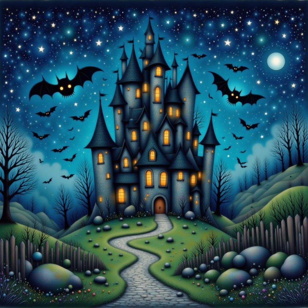 <lora:Storybook Halloween:1.0> Tall storybook castle with bats flying playfully across a starry night