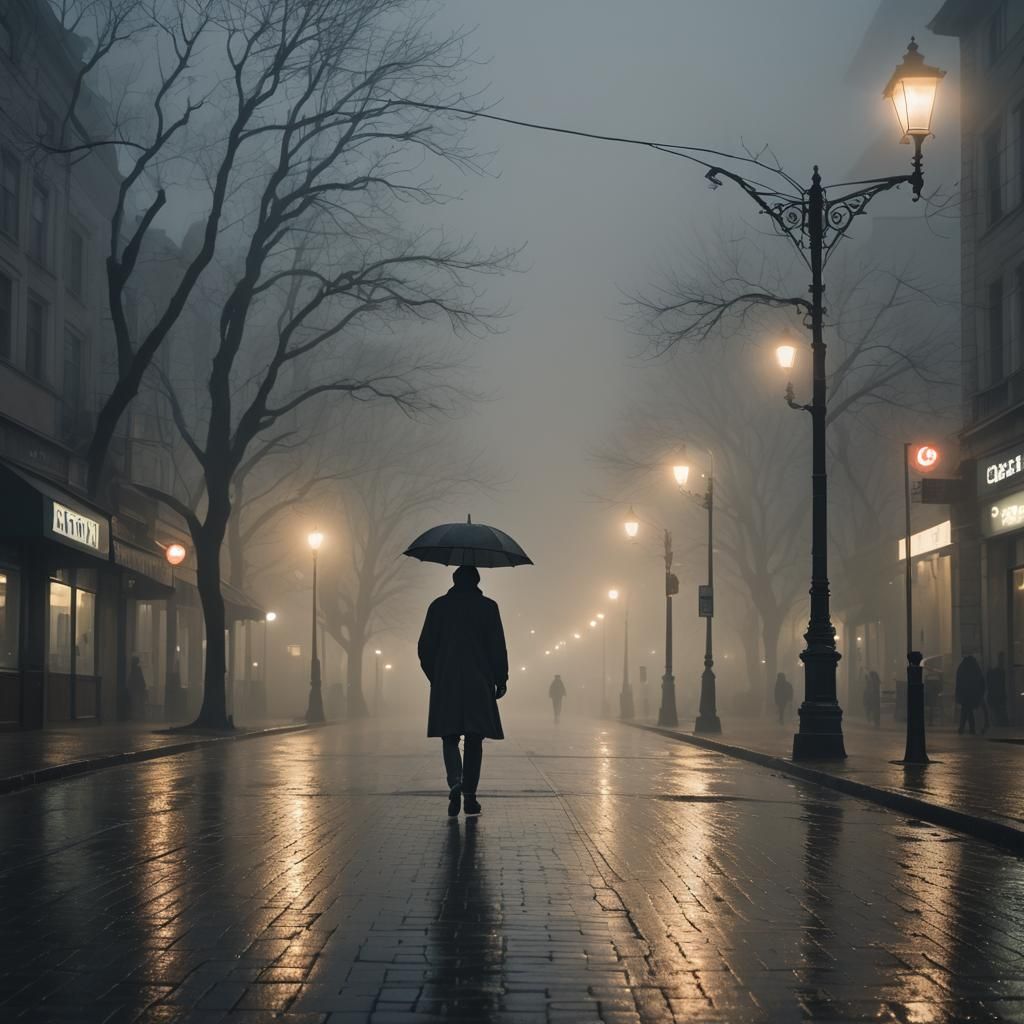 A lone figure walks down a fog-choked city street at twiligh...