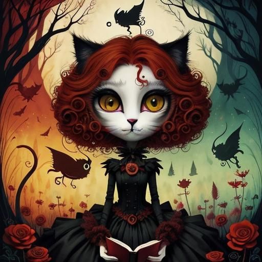 Cat girl, reading a book by Andy Kehoe and Tim Burton. Big sad eyes, a tangled red-head wearing gothic-punk clothes. Vib...